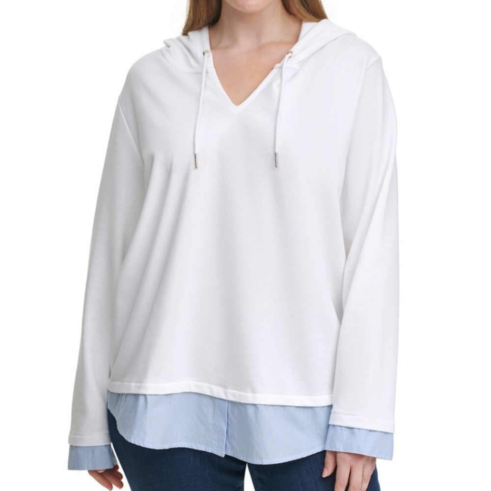 Bright White Woven-Hem Hoodie